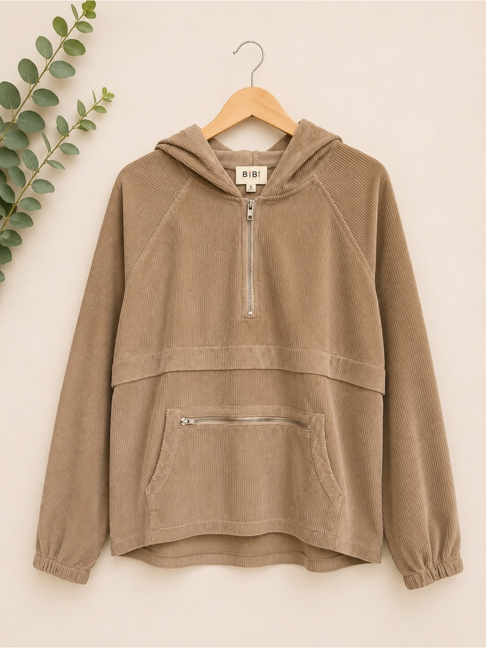 BiBi Corduroy Half-Zip Hoodie in Taupe